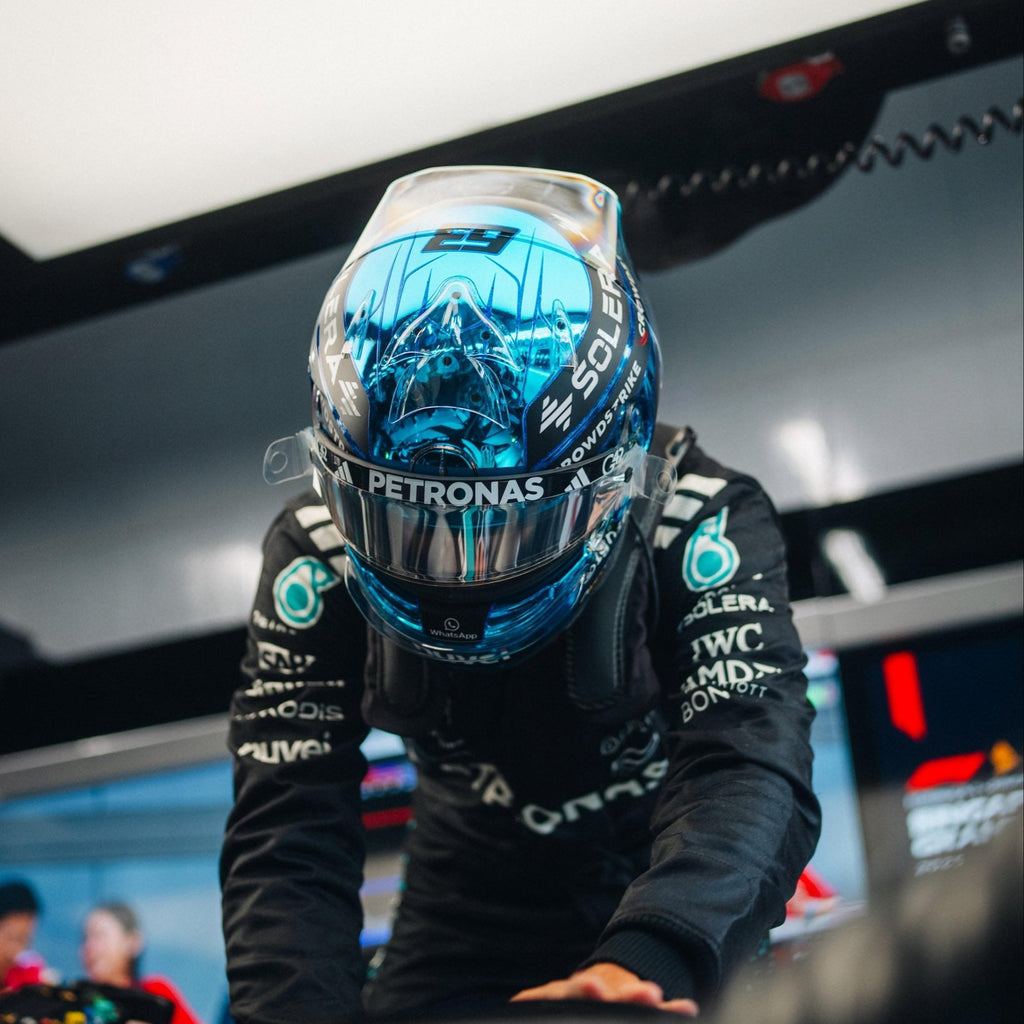 George Russell Replica Helmet – Singapore GP 2025 Blue Chrome – 1:1 Scale