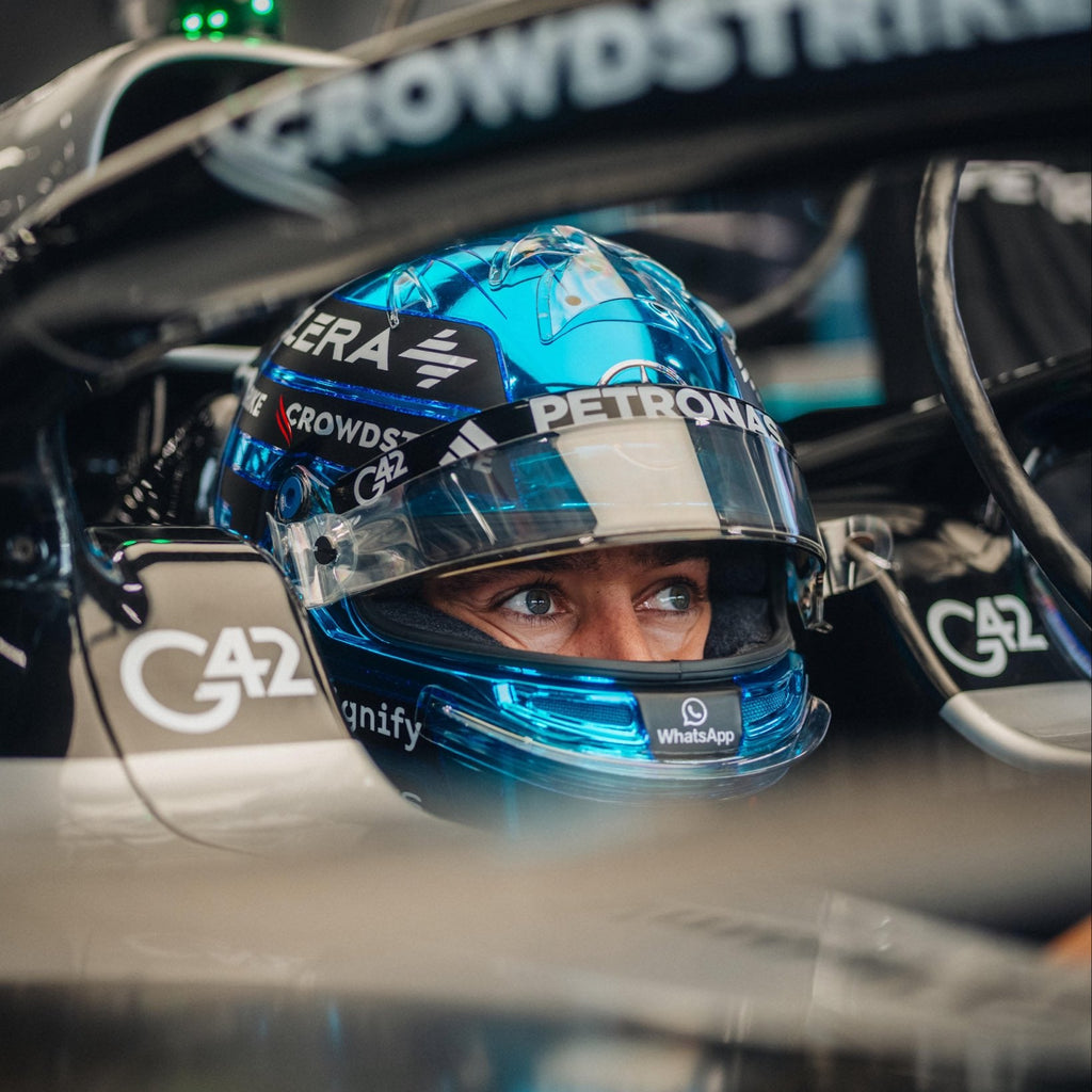 George Russell Replica Helmet – Singapore GP 2025 Blue Chrome – 1:1 Scale