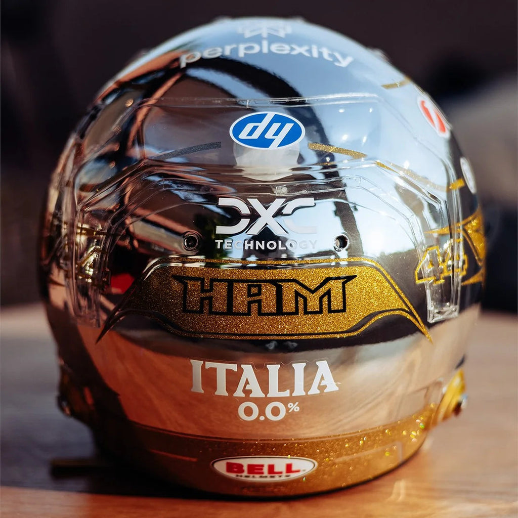 Casque Réplique Lewis Hamilton – Abu Dhabi GP 2025 – Édition Chrome & Gold – Échelle 1:1