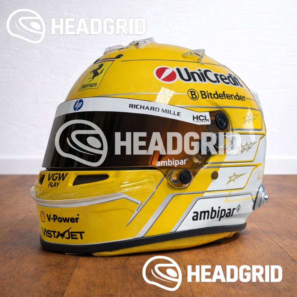 Casque Réplique Lewis Hamilton – Ferrari Monza 2025 – Échelle 1:1 (Jaune & Blanc)